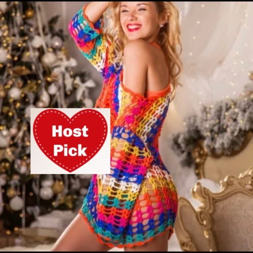 Crochet knitted mesh beachwear swim cover up resort robe